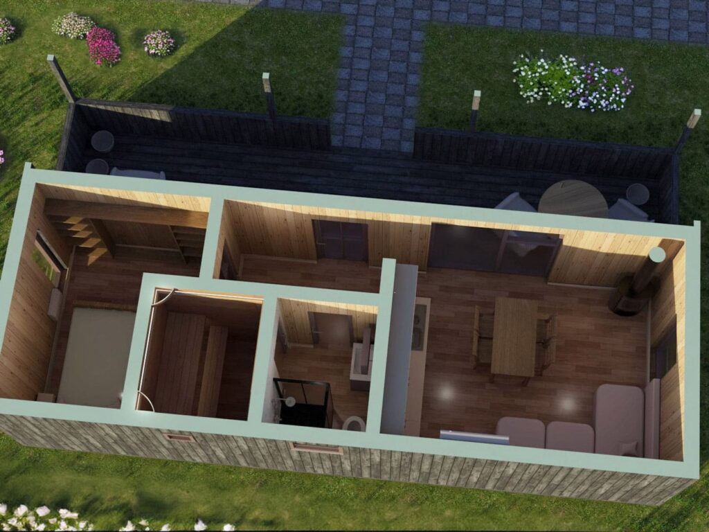 3D visualizations of wooden modular house (40m²), LWDcnc