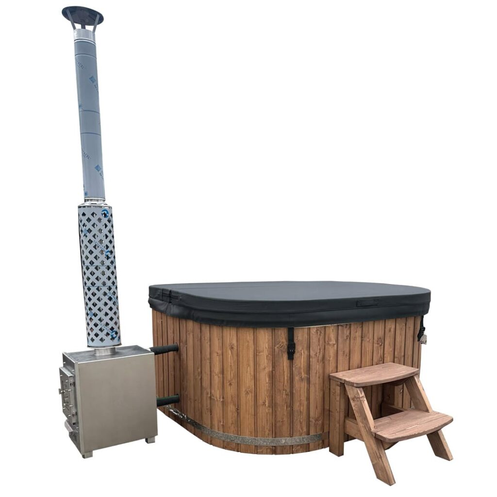 Round hot tub with external stove